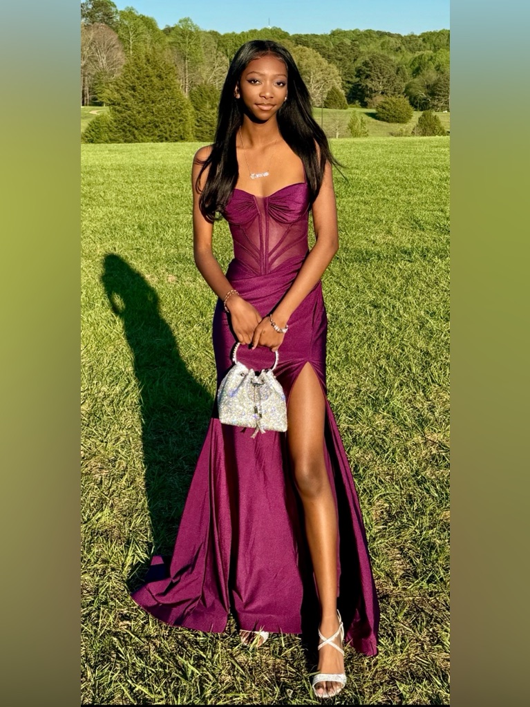 Elegant Plum Evening Gown With Sheer Corset Bodice